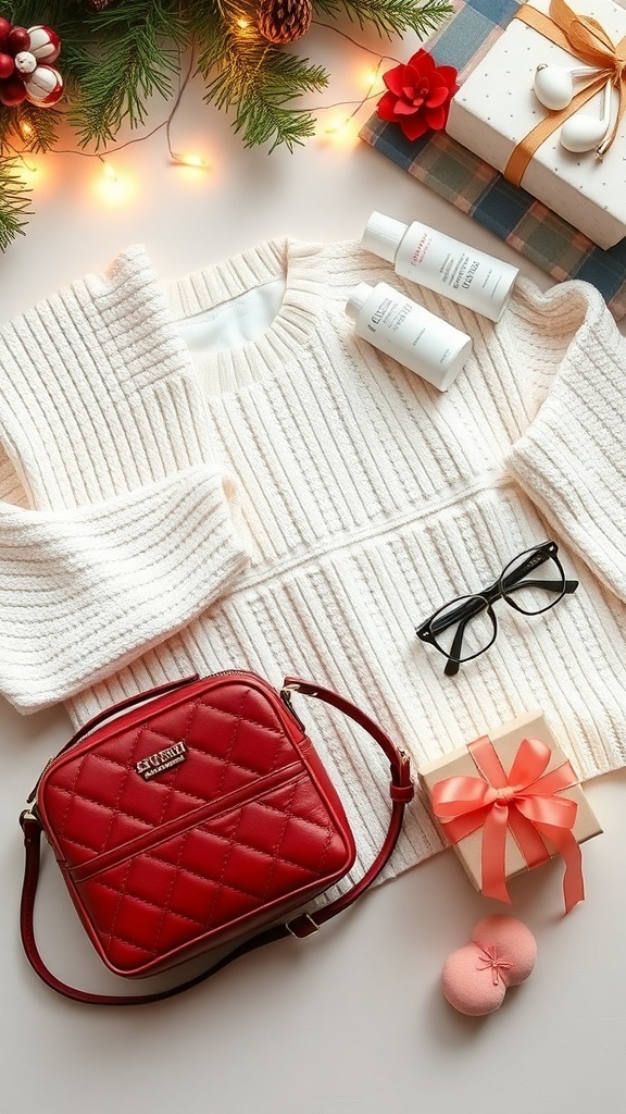 Flat lay of trendy Christmas gifts for girls, including a sweater, bag, and earbuds, with festive decorations.